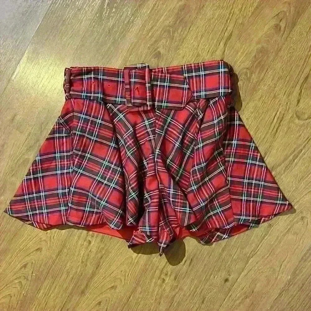 Vintage Y2K Impressions Plaid Belted Goth Skirt Skort Tripp Micro Mini XS Womens